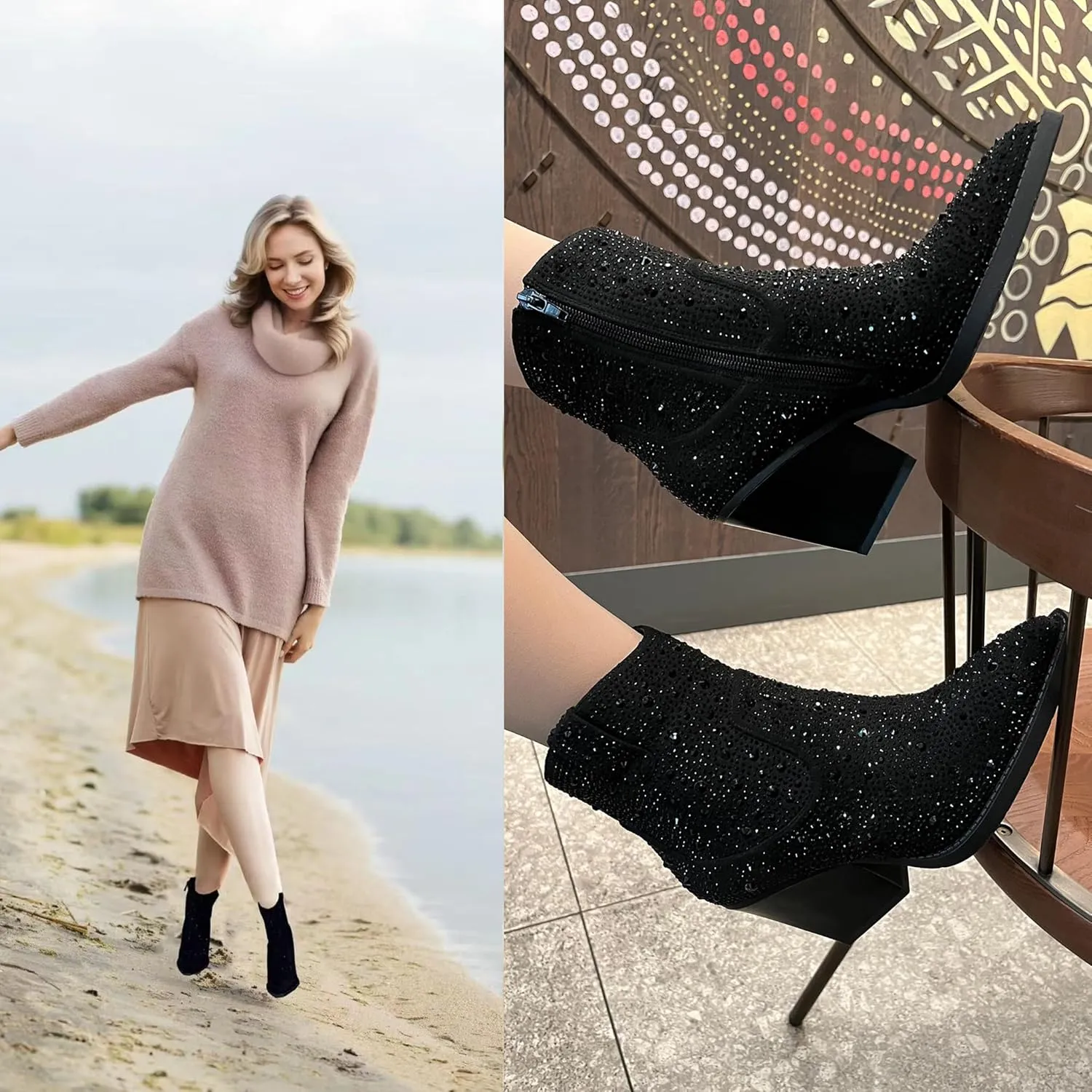 OOHRHN Women's Color Rhinestone Boots Glitter Sparkly Cowboy Booties Chunky Block Heel Pearl Detail Pointed Toe Bridal Wedding Western Ankle Boots Cowgirl Short Boots