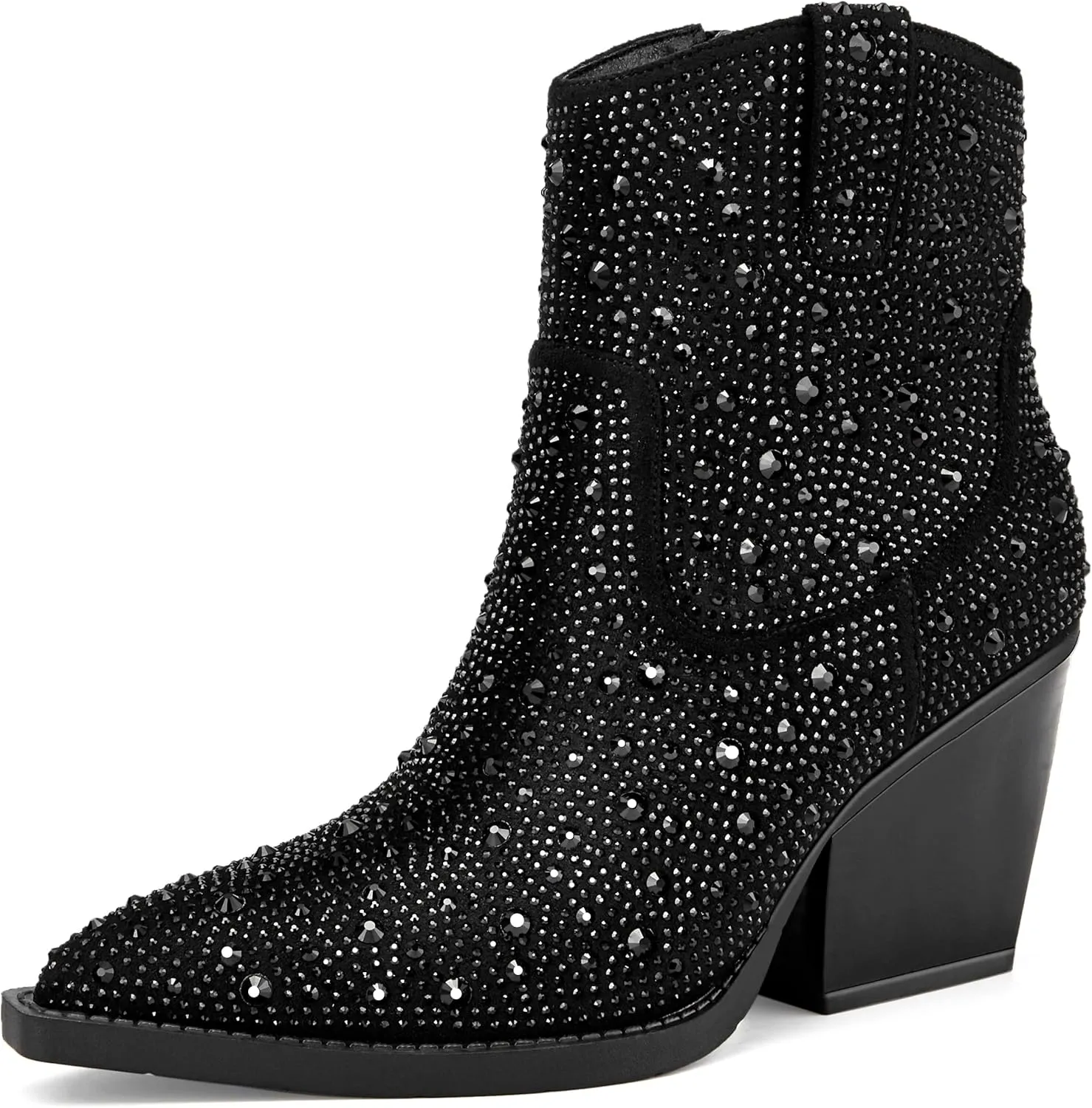 OOHRHN Women's Color Rhinestone Boots Glitter Sparkly Cowboy Booties Chunky Block Heel Pearl Detail Pointed Toe Bridal Wedding Western Ankle Boots Cowgirl Short Boots