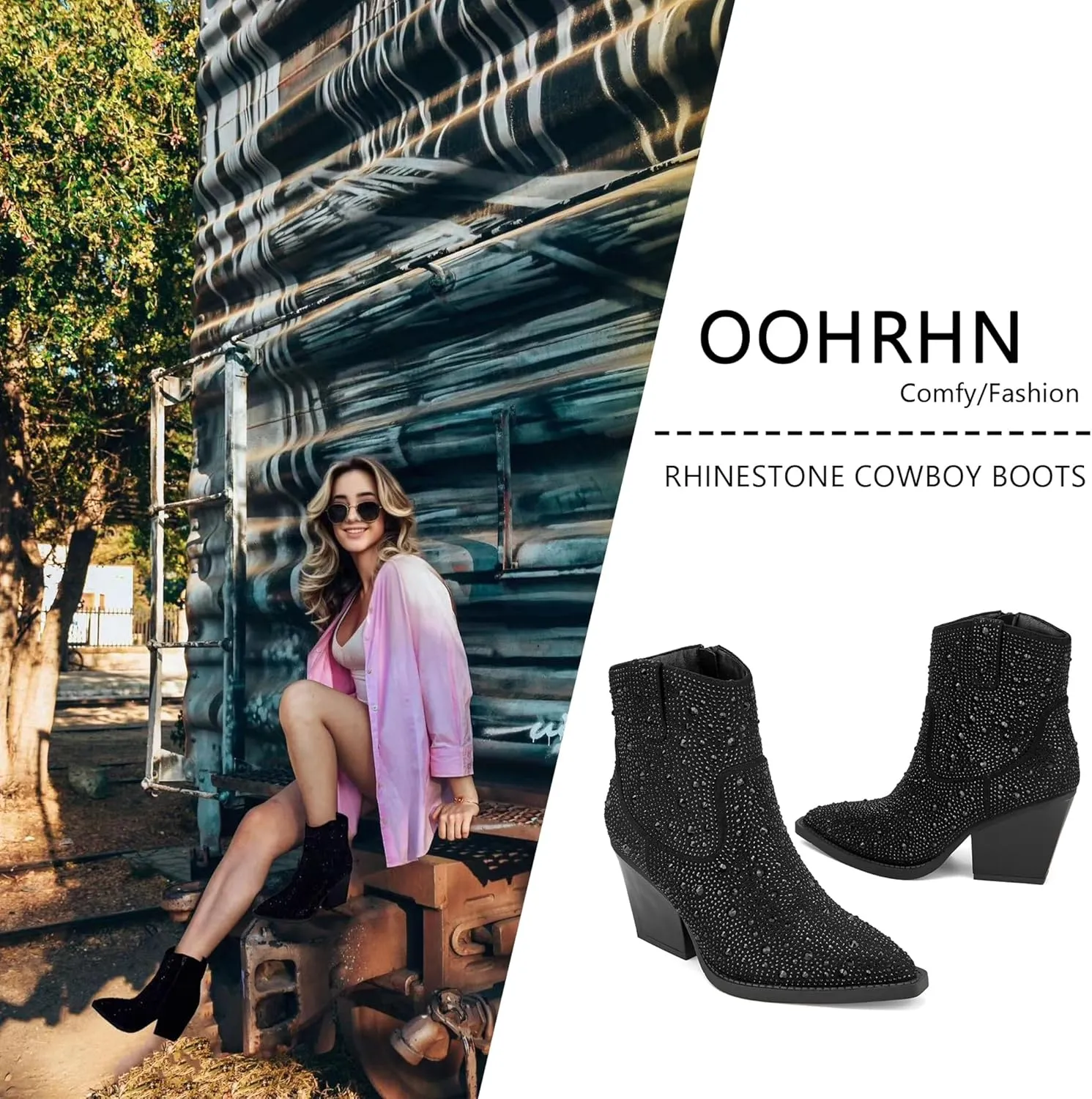 OOHRHN Women's Color Rhinestone Boots Glitter Sparkly Cowboy Booties Chunky Block Heel Pearl Detail Pointed Toe Bridal Wedding Western Ankle Boots Cowgirl Short Boots