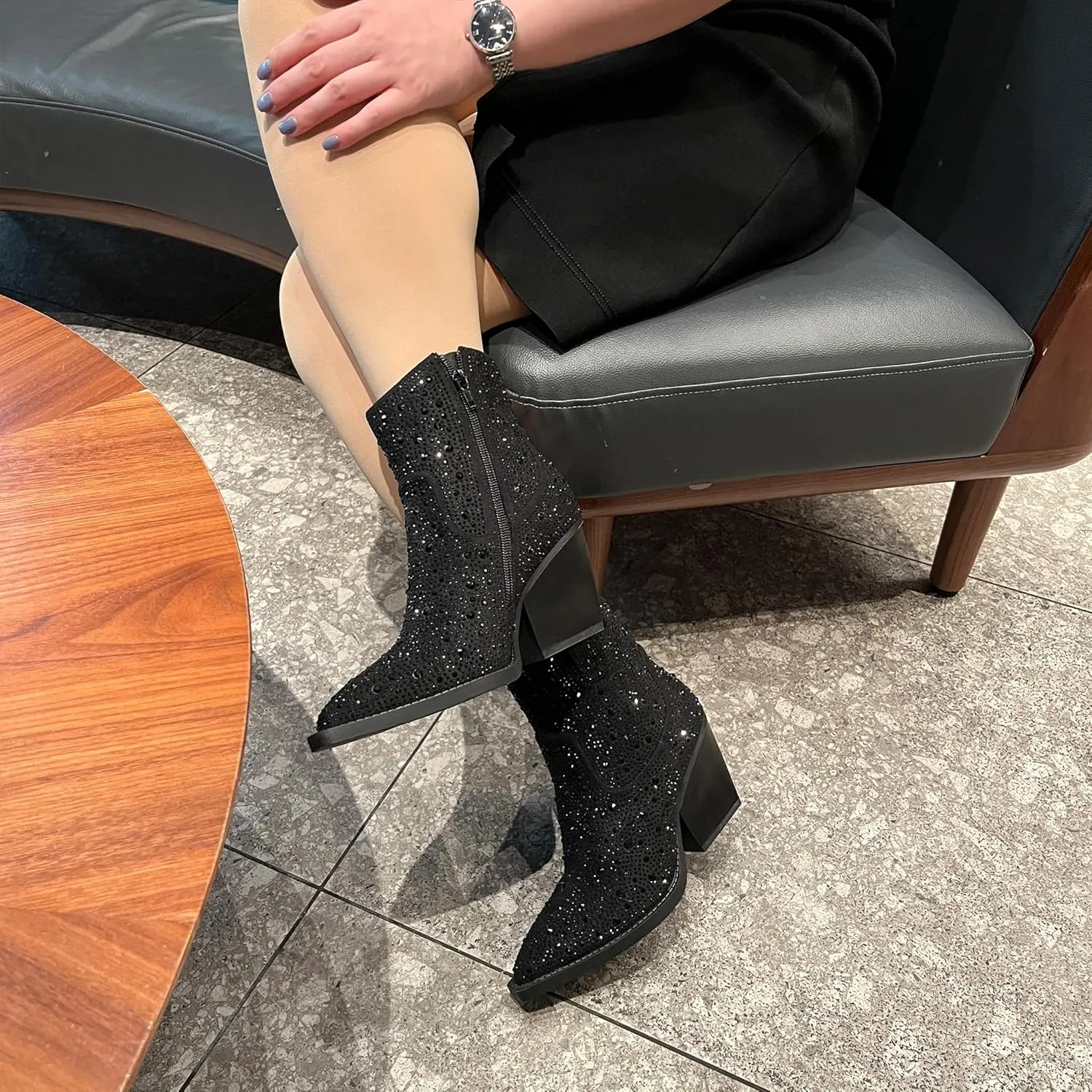 OOHRHN Women's Color Rhinestone Boots Glitter Sparkly Cowboy Booties Chunky Block Heel Pearl Detail Pointed Toe Bridal Wedding Western Ankle Boots Cowgirl Short Boots