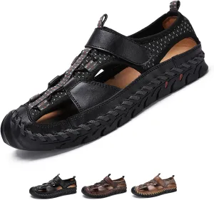 Optigard Men's Genuine Leather Hand Stitching Fisherman Sandals,Outdoor Casual Closed Toe Breathable Hiking Sandals Sport Walking Water Shoes