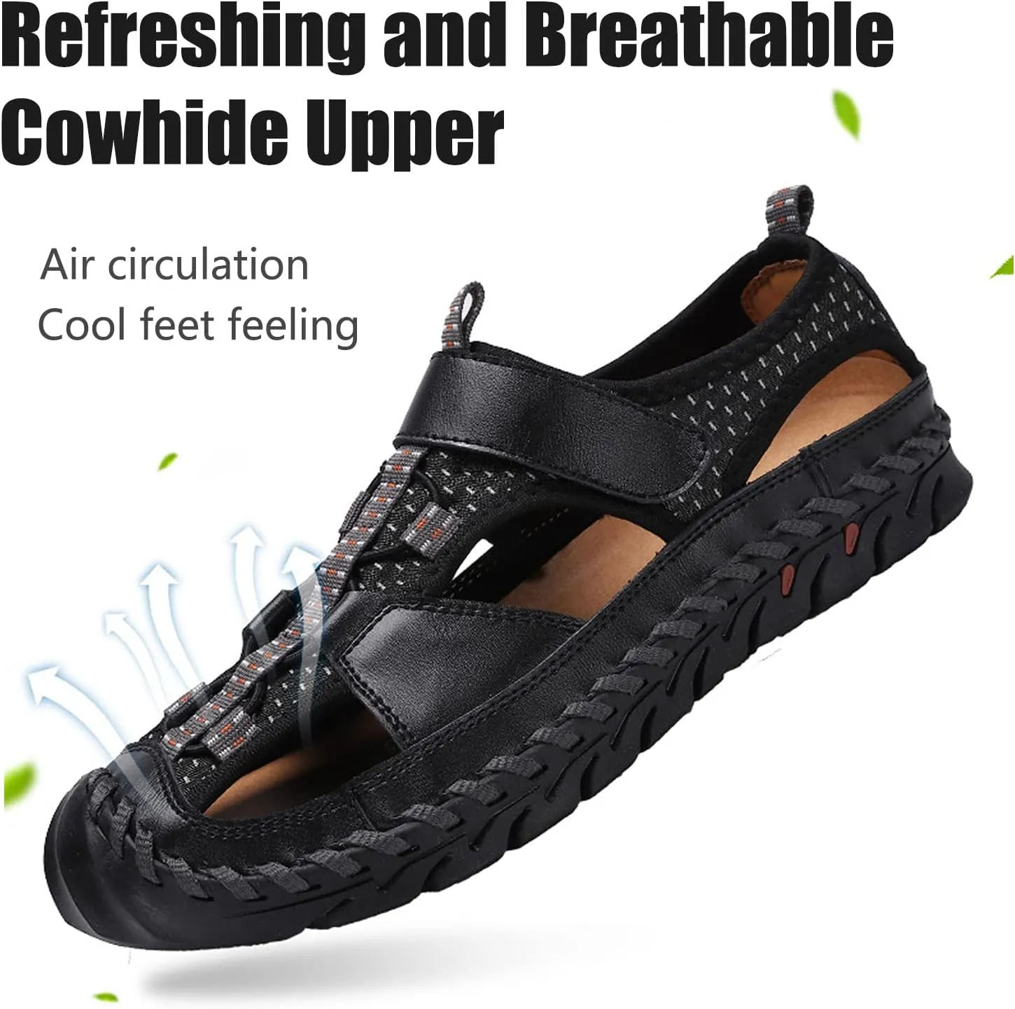 Optigard Men's Genuine Leather Hand Stitching Fisherman Sandals,Outdoor Casual Closed Toe Breathable Hiking Sandals Sport Walking Water Shoes