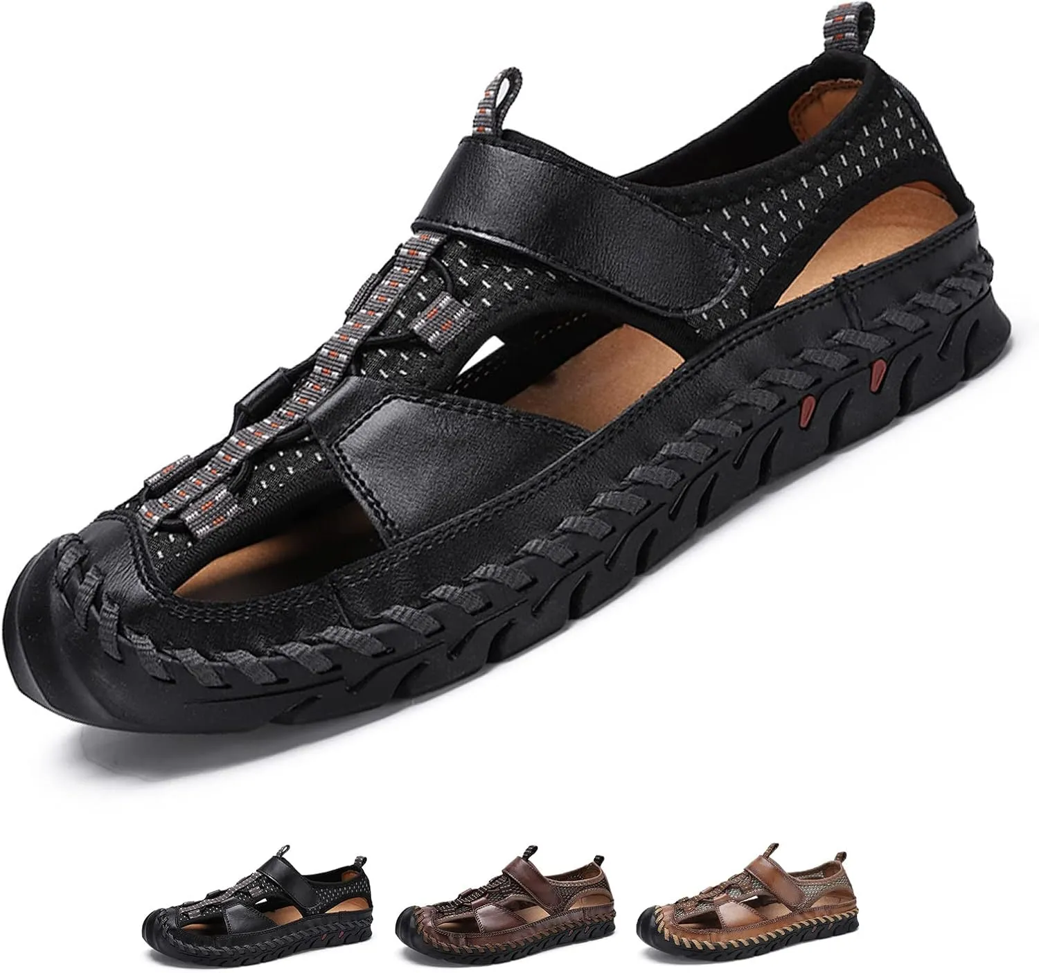Optigard Men's Genuine Leather Hand Stitching Fisherman Sandals,Outdoor Casual Closed Toe Breathable Hiking Sandals Sport Walking Water Shoes