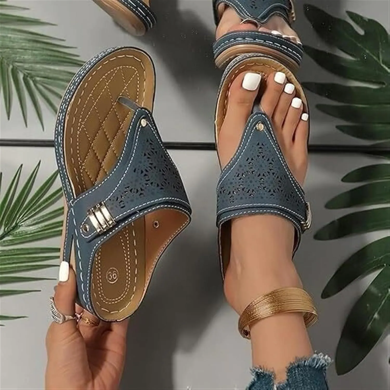 Orthopedic Sandals for Women Arch Support Breathable Dressy Wedge Sandals Comfortable Walking Thong Sandals Hollow Flower Wedge Sandal Dressy Summer Beach Casual Shoes
