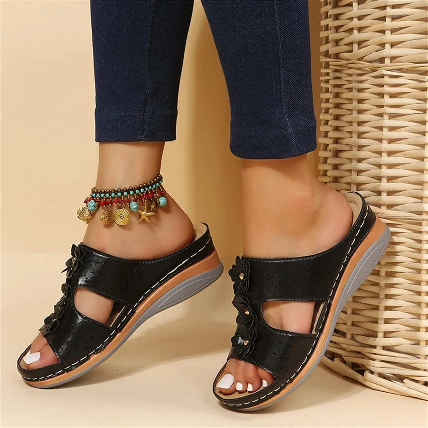 Orthopedic Sandals for Women Wide Width Womens Orthopedic Sandals 9 Wedge Sandals for Women Dressy Summer Arch Support Slides for Women Orthotic Flip Flops Women Black Womens Flats