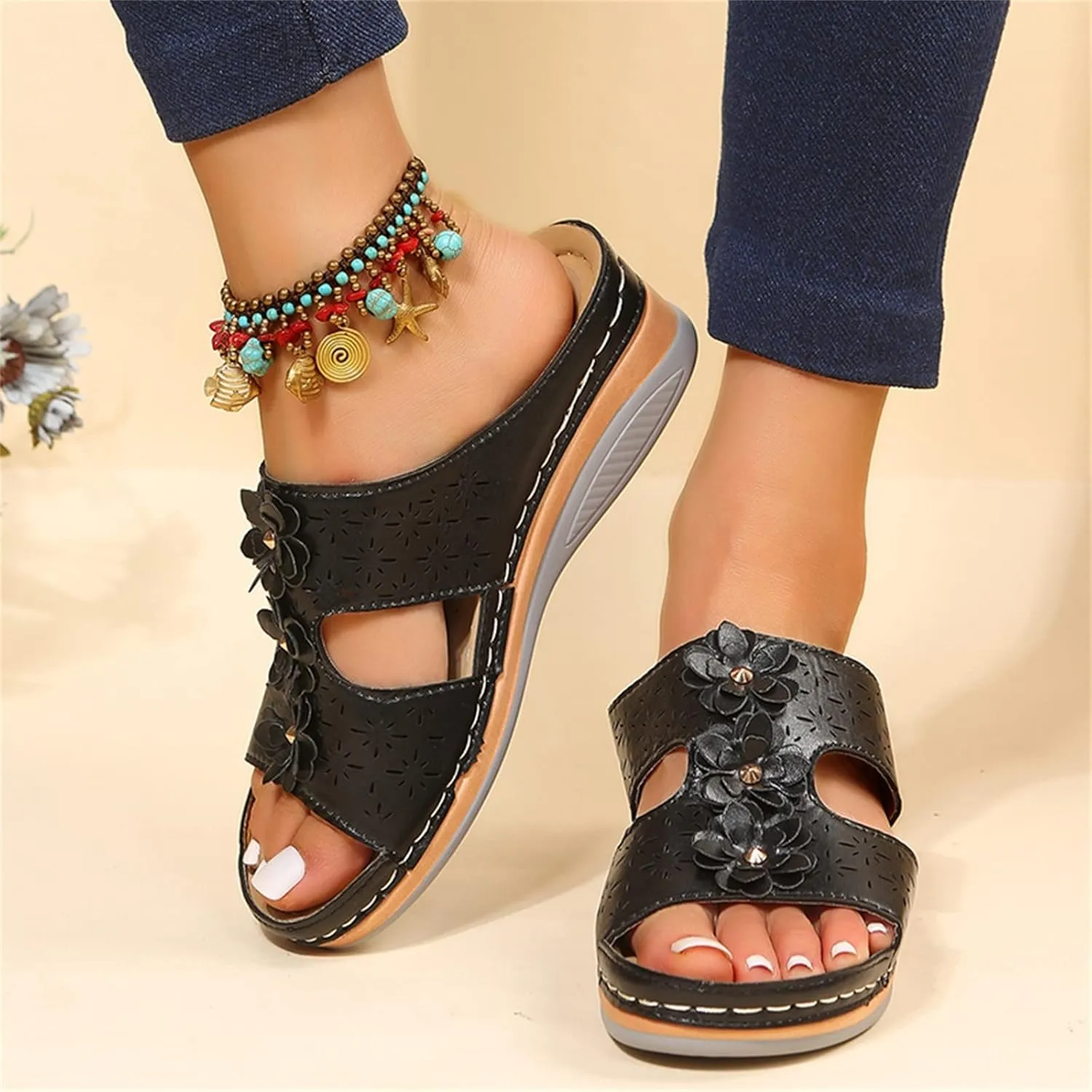 Orthopedic Sandals for Women Wide Width Womens Orthopedic Sandals 9 Wedge Sandals for Women Dressy Summer Arch Support Slides for Women Orthotic Flip Flops Women Black Womens Flats