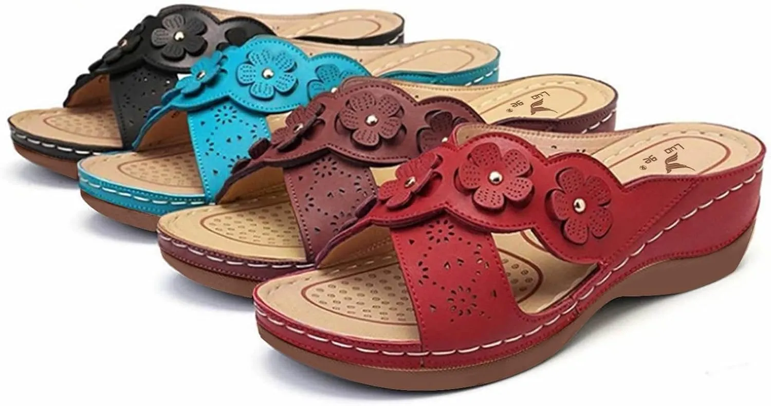 Orthopedic Wedge Sandals for Women Dressy Summer Walking Sandals Open Toe Beach Sandals Cross Strap Flowers Slides