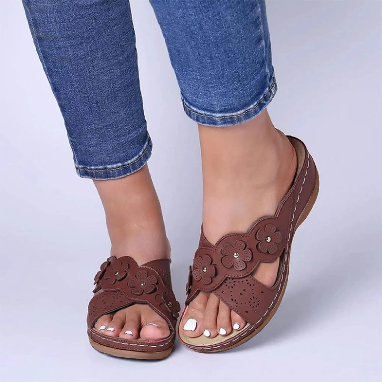 Orthopedic Wedge Sandals for Women Dressy Summer Walking Sandals Open Toe Beach Sandals Cross Strap Flowers Slides