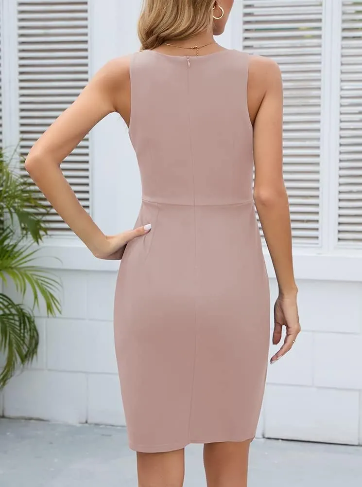 oten Women's Sleeveless V Neck Asymmetrical Bodycon Faux Wrap Cocktail Party Dresses Ruched Wedding Guest Formal Short Dress