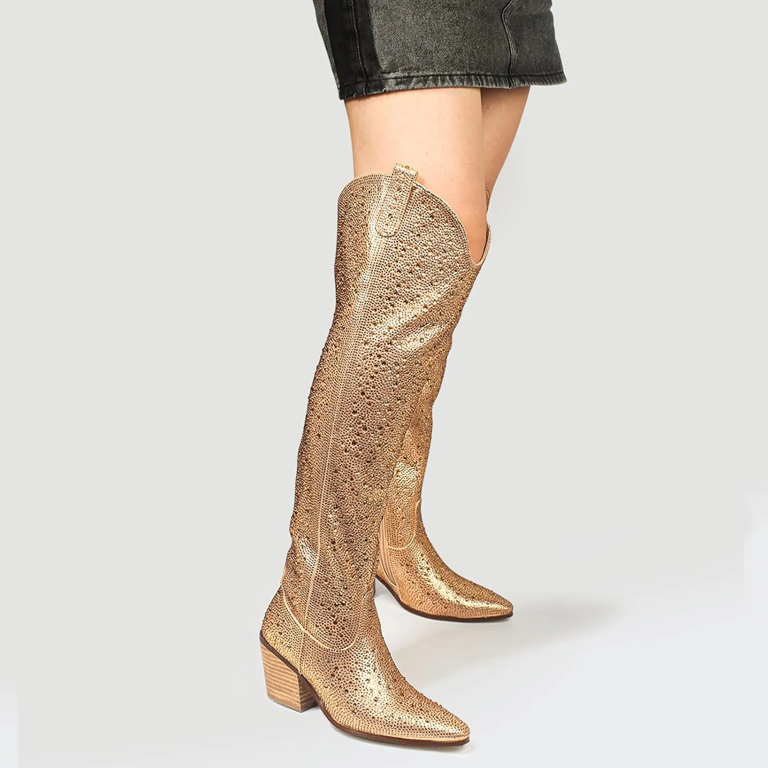 Ouepiano Women's Cowgirl Ankle Boots Western Rhinestones Pointed Toe Low Chunky Heel Pull On Short Cowboy Boots for Women,Girl,Party