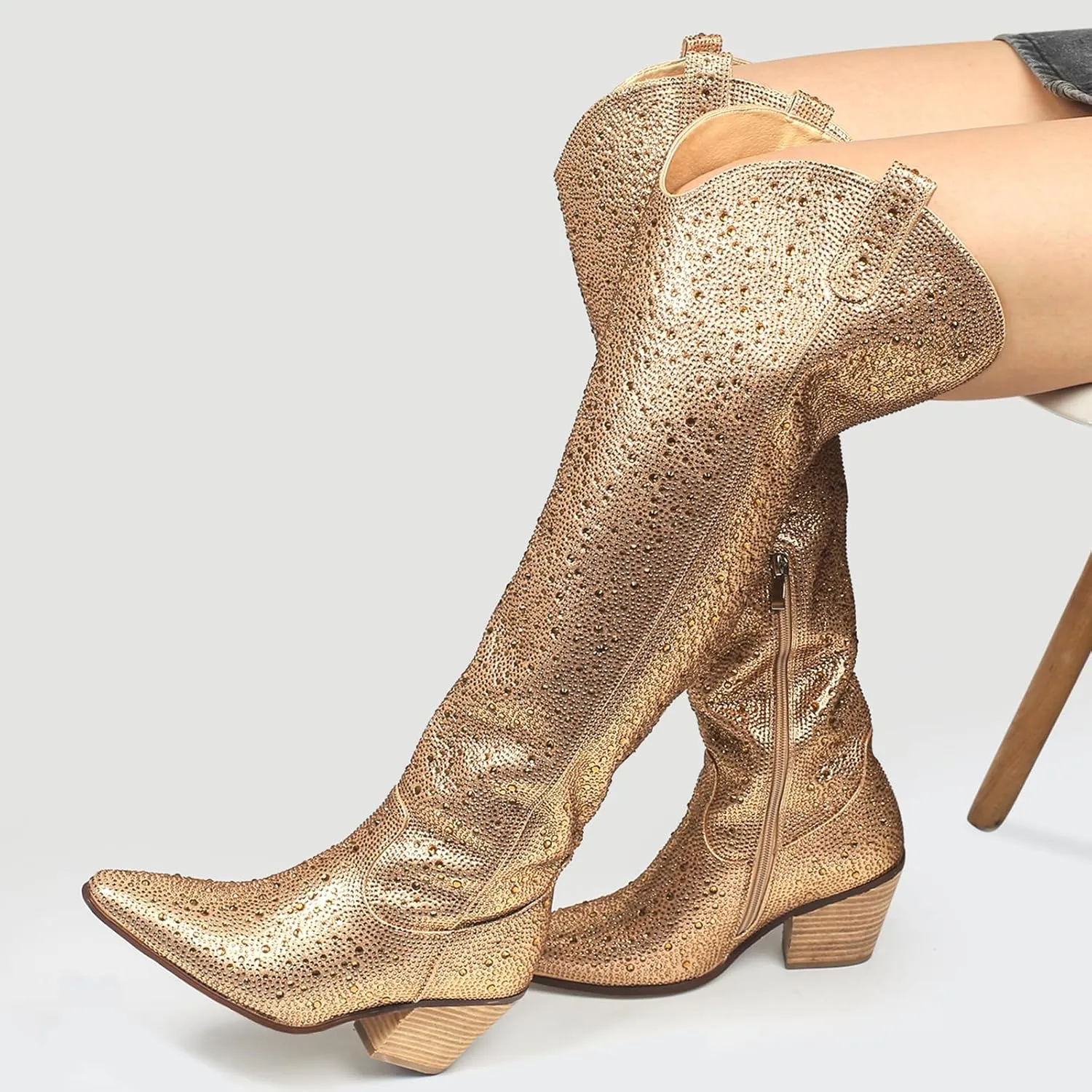Ouepiano Women's Cowgirl Ankle Boots Western Rhinestones Pointed Toe Low Chunky Heel Pull On Short Cowboy Boots for Women,Girl,Party