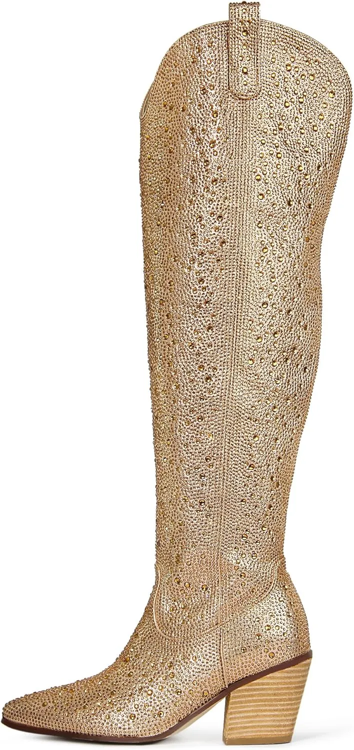Ouepiano Women's Cowgirl Ankle Boots Western Rhinestones Pointed Toe Low Chunky Heel Pull On Short Cowboy Boots for Women,Girl,Party