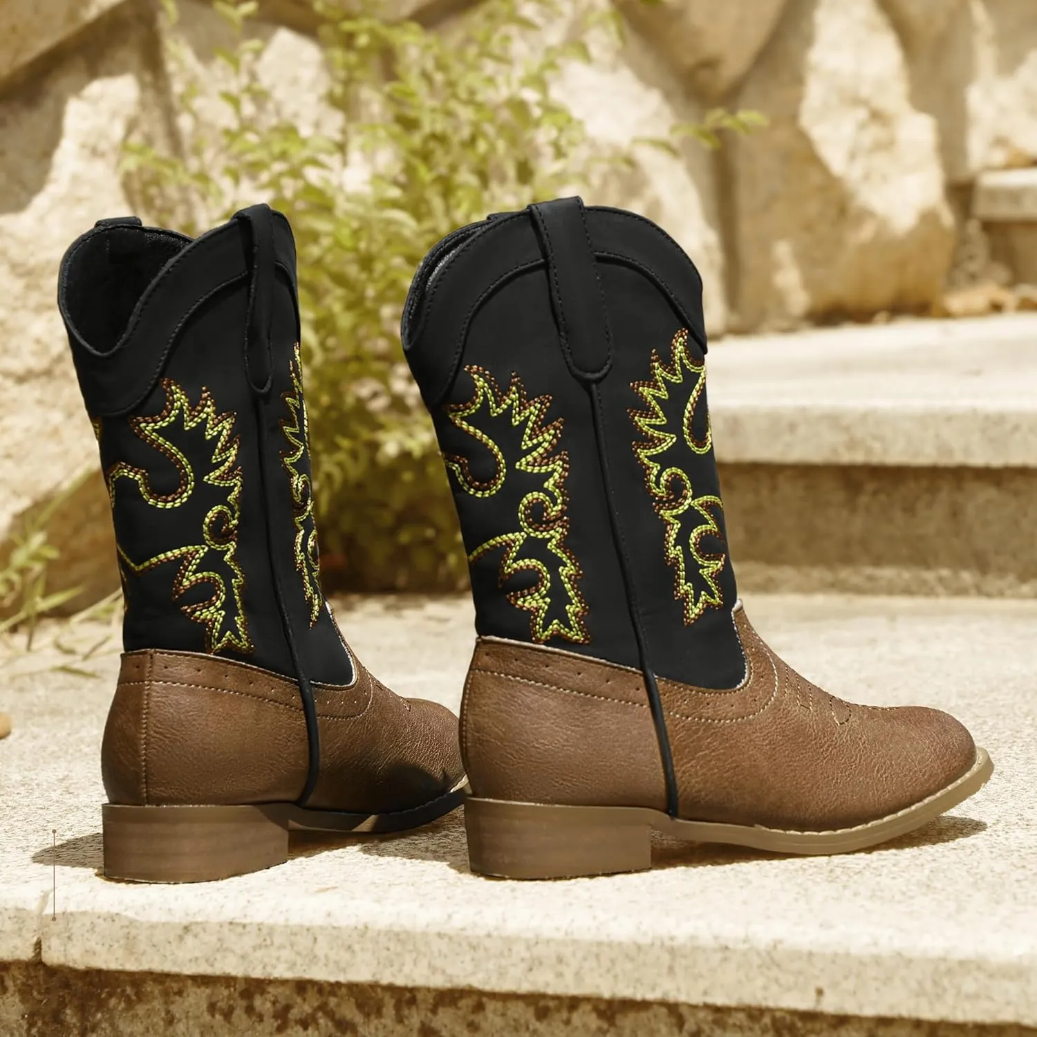 PANDANINJIA Girls Cowboy Boots for Boys Kids Toddler Western Cowgirl Boots Round Toe Mid Calf Riding Shoes Booties