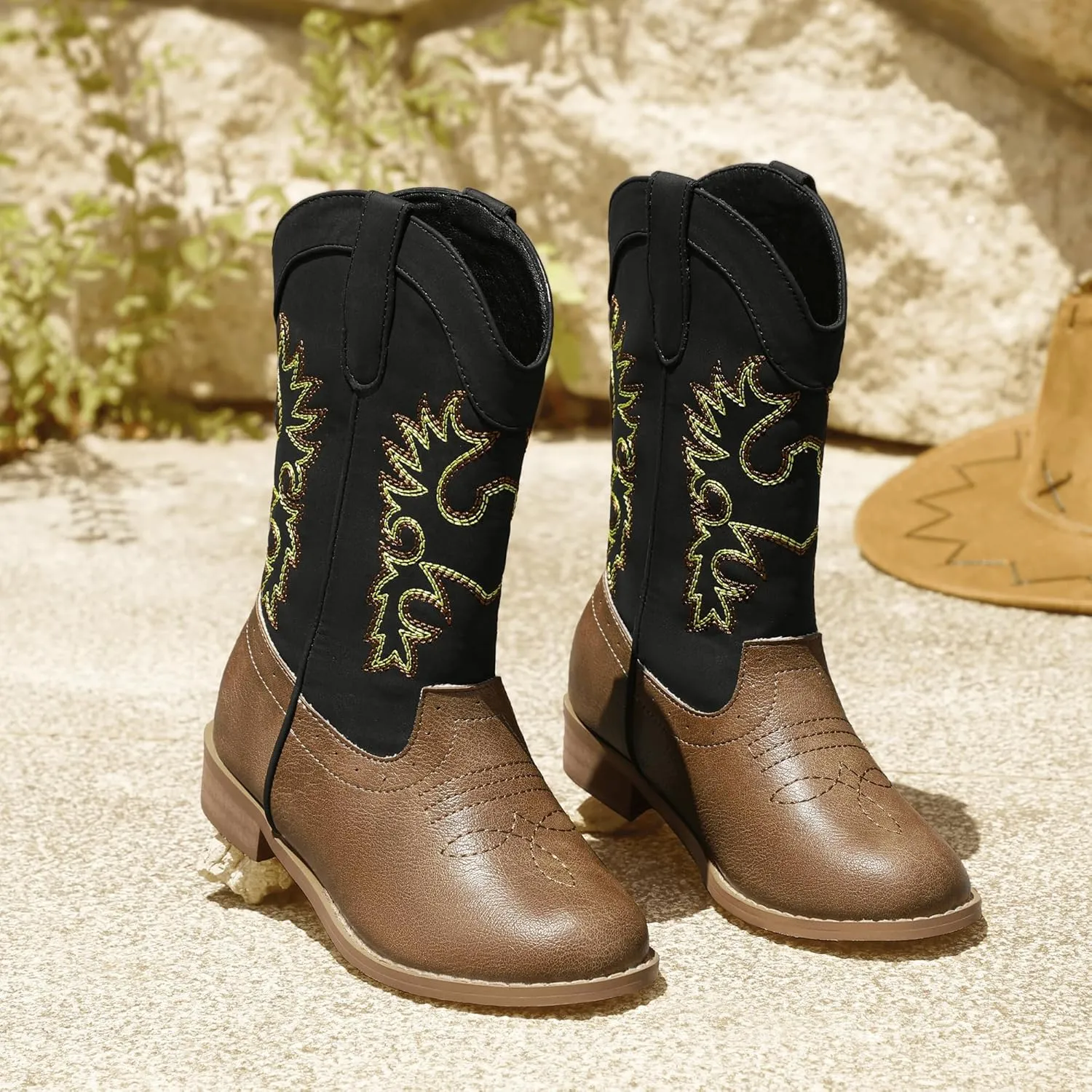 PANDANINJIA Girls Cowboy Boots for Boys Kids Toddler Western Cowgirl Boots Round Toe Mid Calf Riding Shoes Booties