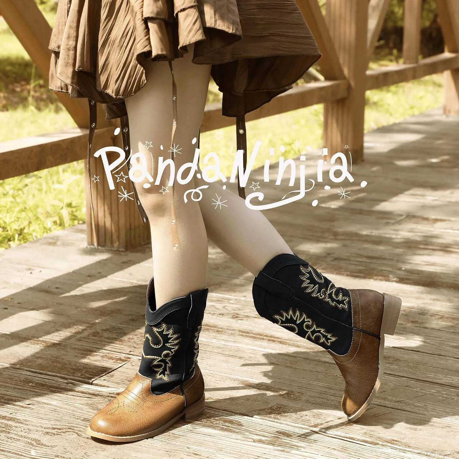 PANDANINJIA Girls Cowboy Boots for Boys Kids Toddler Western Cowgirl Boots Round Toe Mid Calf Riding Shoes Booties