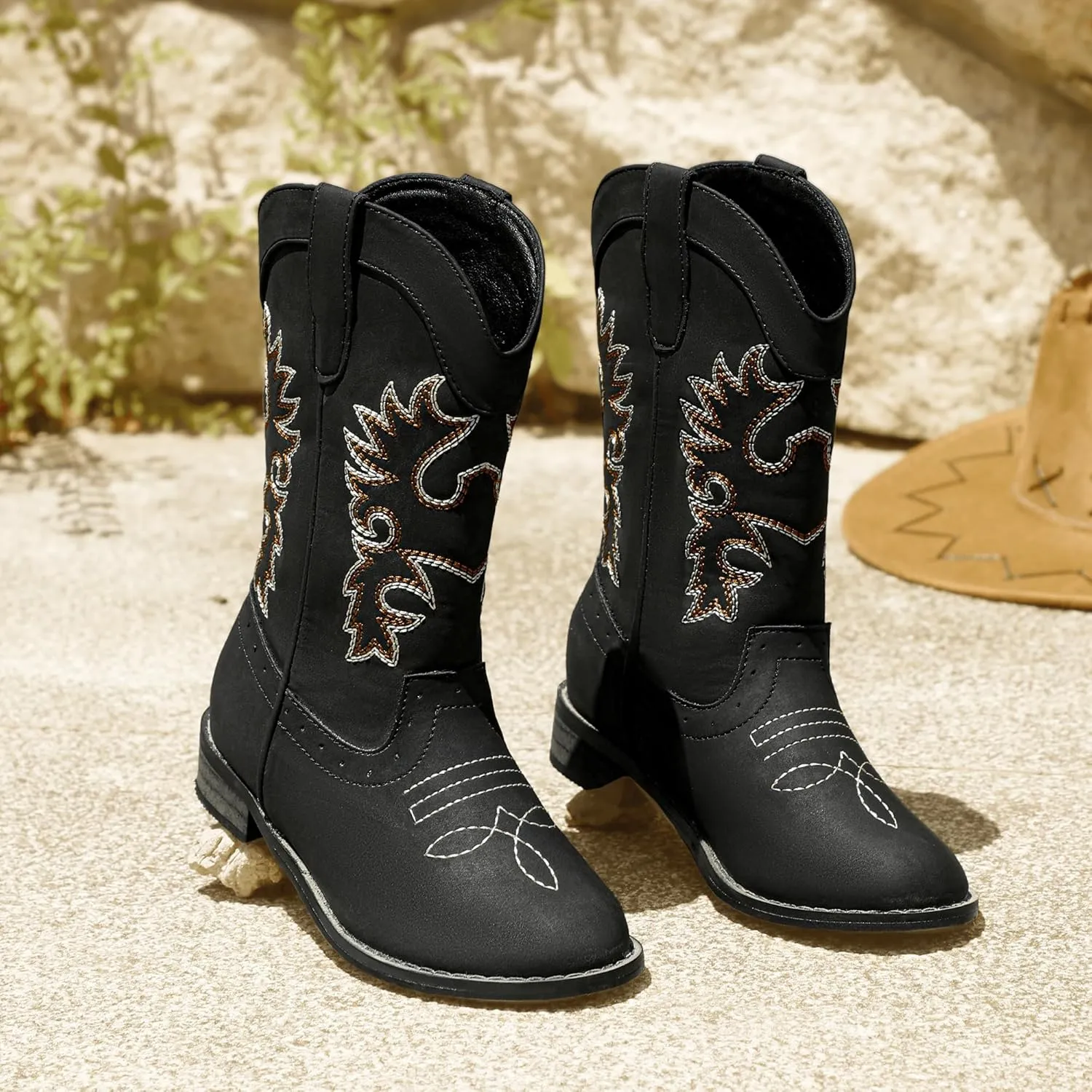 PANDANINJIA Girls Cowboy Boots for Boys Kids Toddler Western Cowgirl Boots Round Toe Mid Calf Riding Shoes Booties