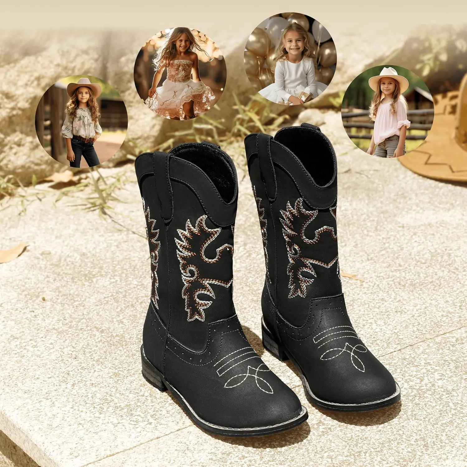PANDANINJIA Girls Cowboy Boots for Boys Kids Toddler Western Cowgirl Boots Round Toe Mid Calf Riding Shoes Booties