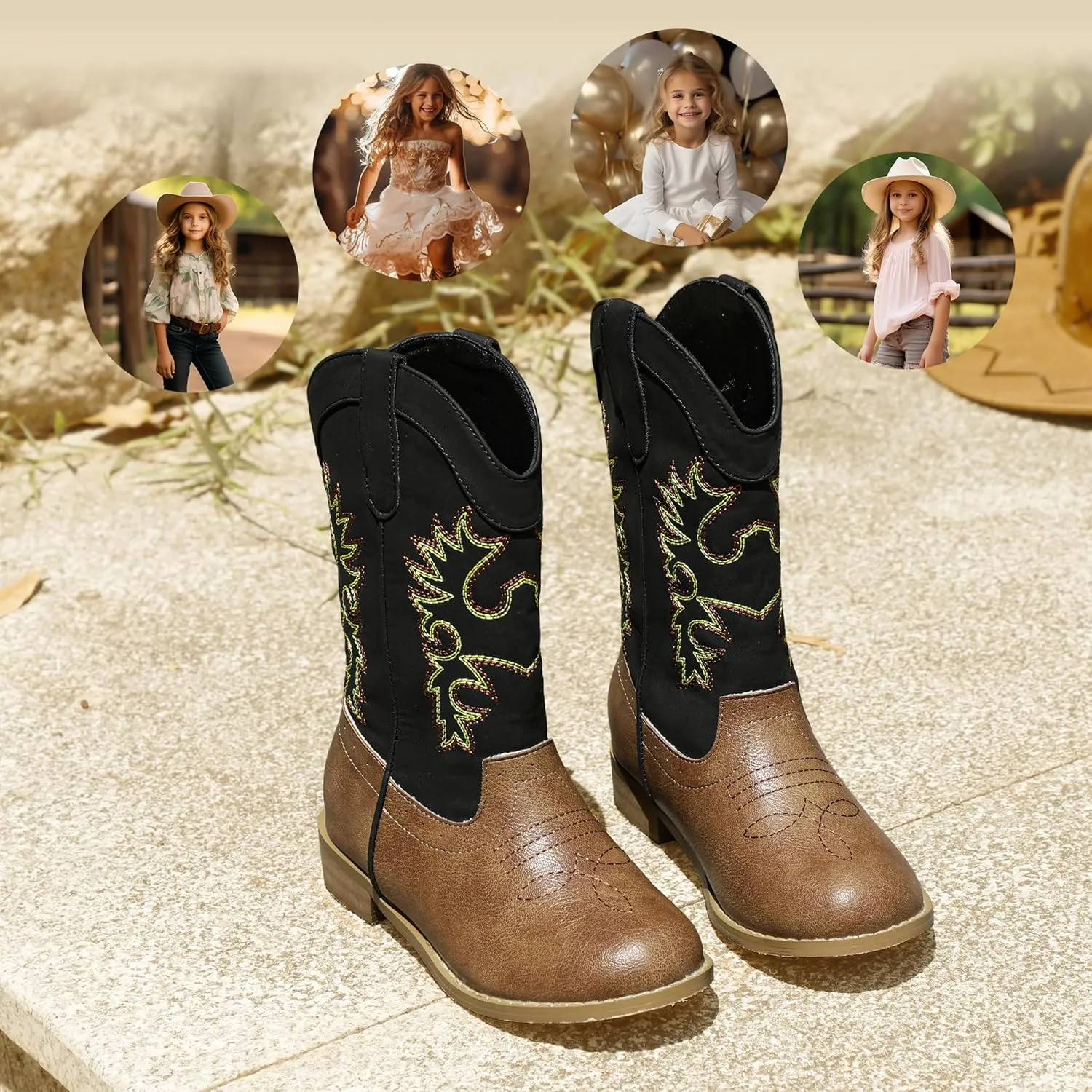 PANDANINJIA Girls Cowboy Boots for Boys Kids Toddler Western Cowgirl Boots Round Toe Mid Calf Riding Shoes Booties