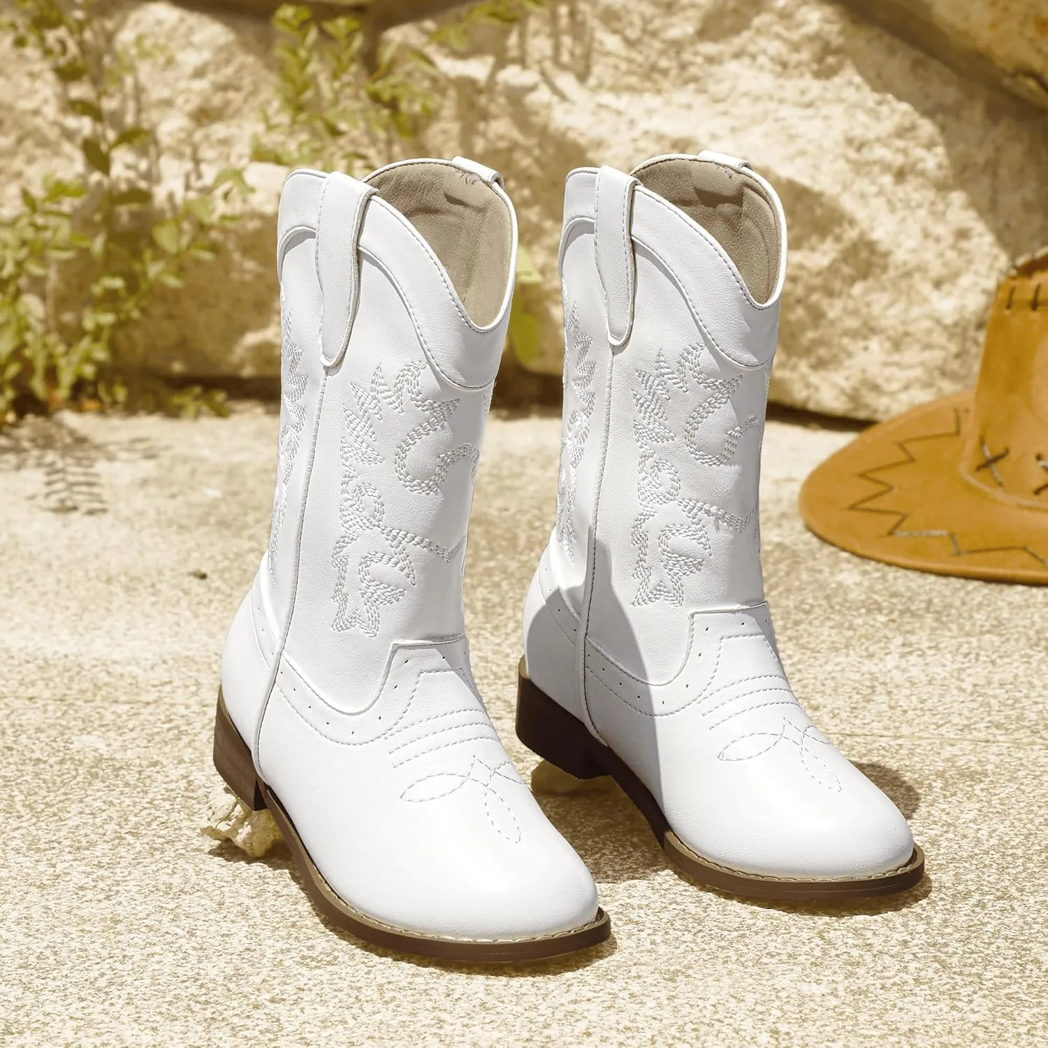PANDANINJIA Girls Cowboy Boots for Boys Kids Toddler Western Cowgirl Boots Round Toe Mid Calf Riding Shoes Booties