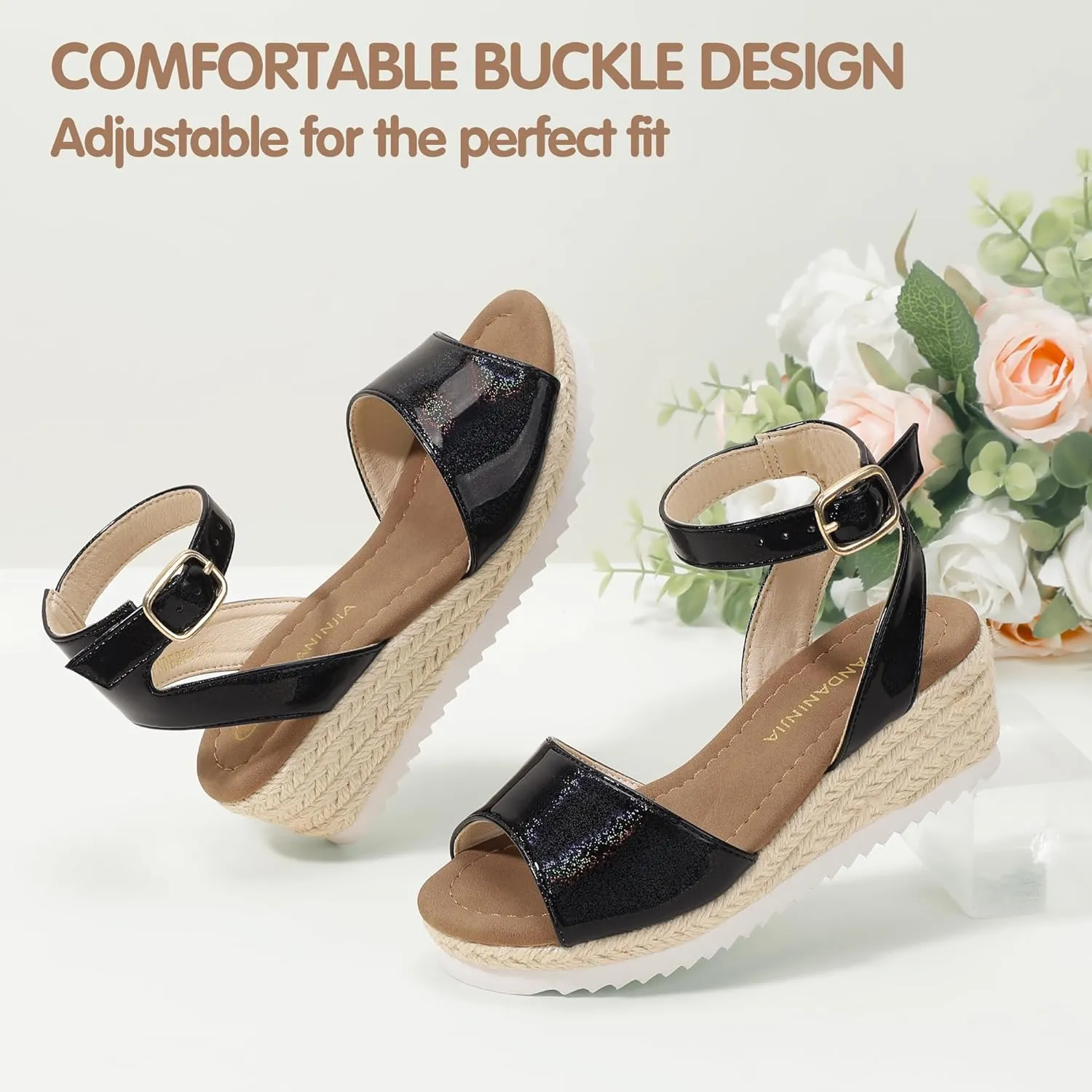 PANDANINJIA Girls Wedge Sandals Espadrilles Platform Heels for Girls Dress Shoes Ankle Strap Little Big Kids Sangals Summer Shoes