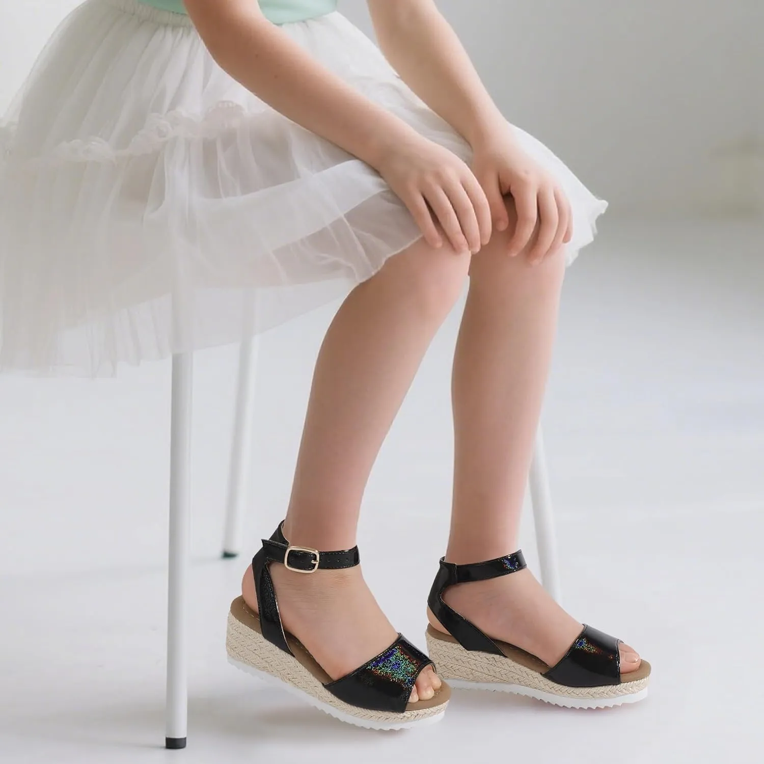 PANDANINJIA Girls Wedge Sandals Espadrilles Platform Heels for Girls Dress Shoes Ankle Strap Little Big Kids Sangals Summer Shoes