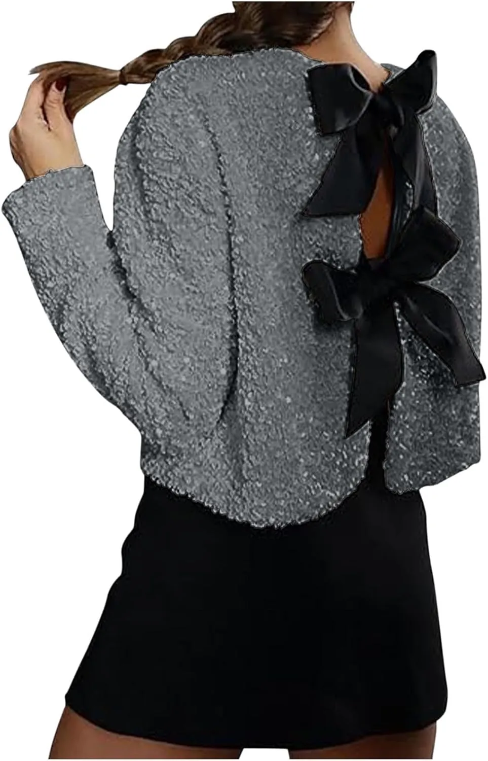 Party Velvet Tops for Women Elegant Sexy Front Bowknot Long Sleeve Shirts Sequin Velour Blouses Solid Cardigan