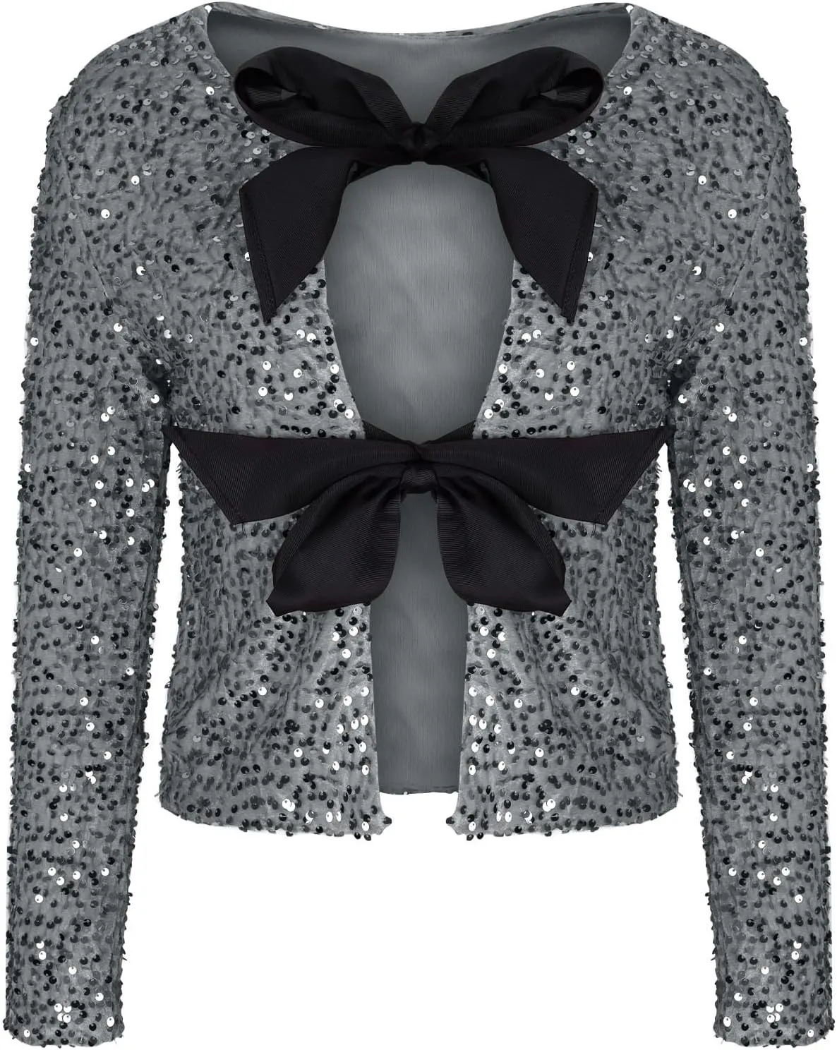 Party Velvet Tops for Women Elegant Sexy Front Bowknot Long Sleeve Shirts Sequin Velour Blouses Solid Cardigan