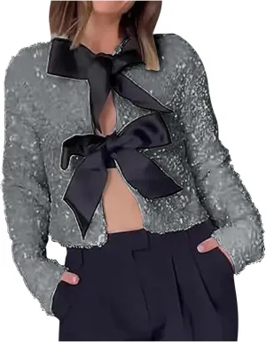 Party Velvet Tops for Women Elegant Sexy Front Bowknot Long Sleeve Shirts Sequin Velour Blouses Solid Cardigan