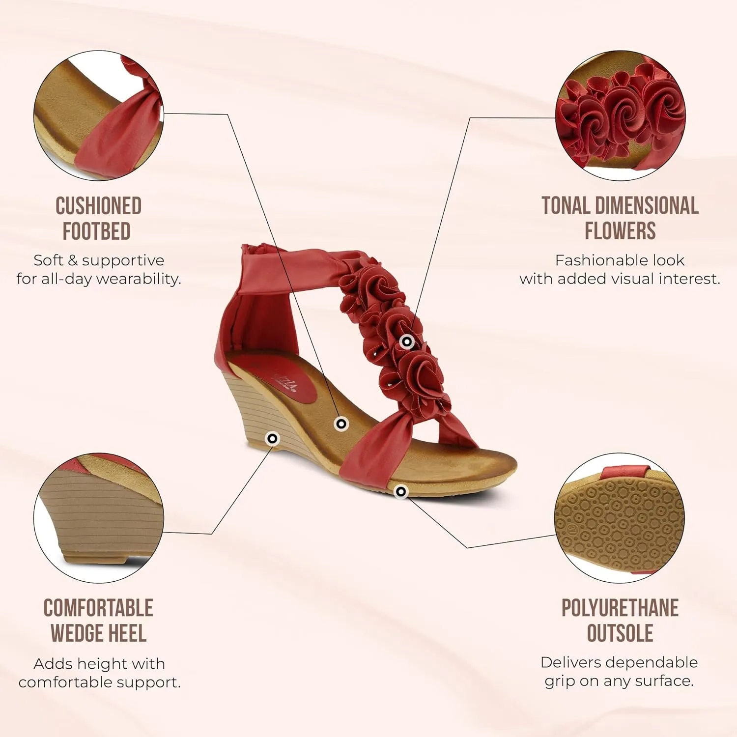 PATRIZIA Women's HARLEQUIN Ankle Strap T-Strap Wedge Sandals - Floral Design, Cushioned Insole, Back Zipper
