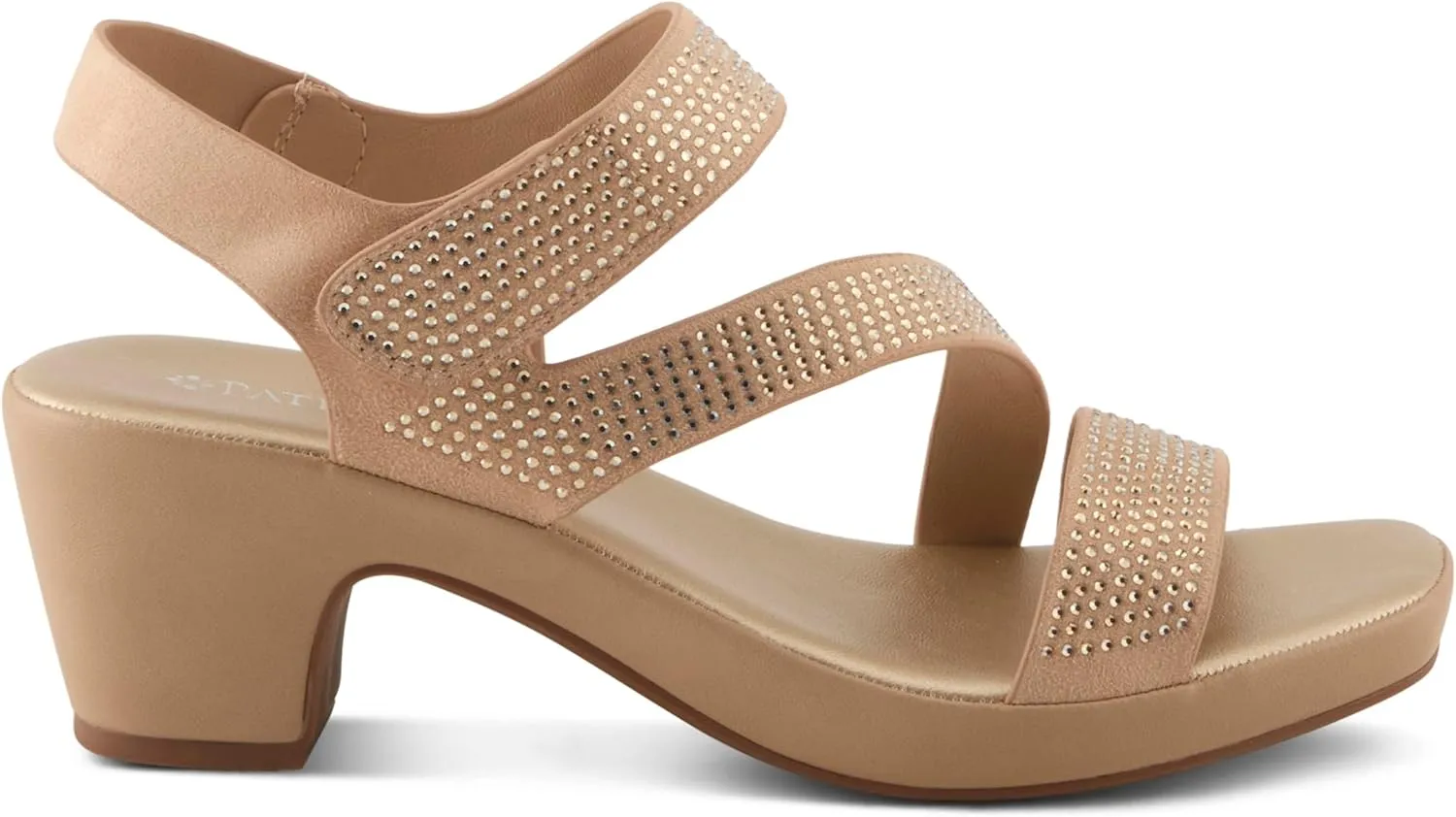 PATRIZIA Women's YADIEL Hook and Loop Sandals – Low Block Heel with Asymmetrical Crystal-Strap Design