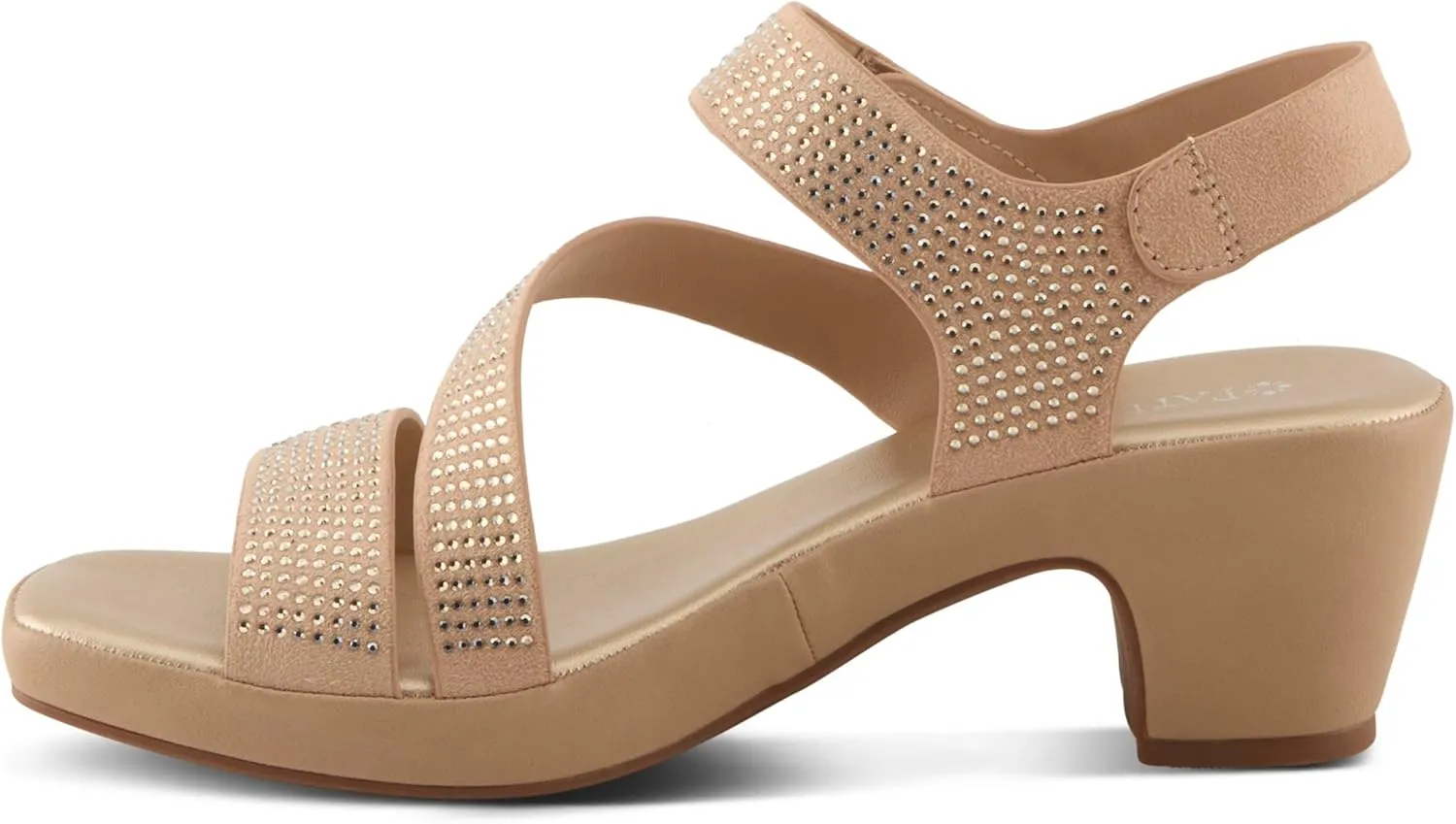 PATRIZIA Women's YADIEL Hook and Loop Sandals – Low Block Heel with Asymmetrical Crystal-Strap Design