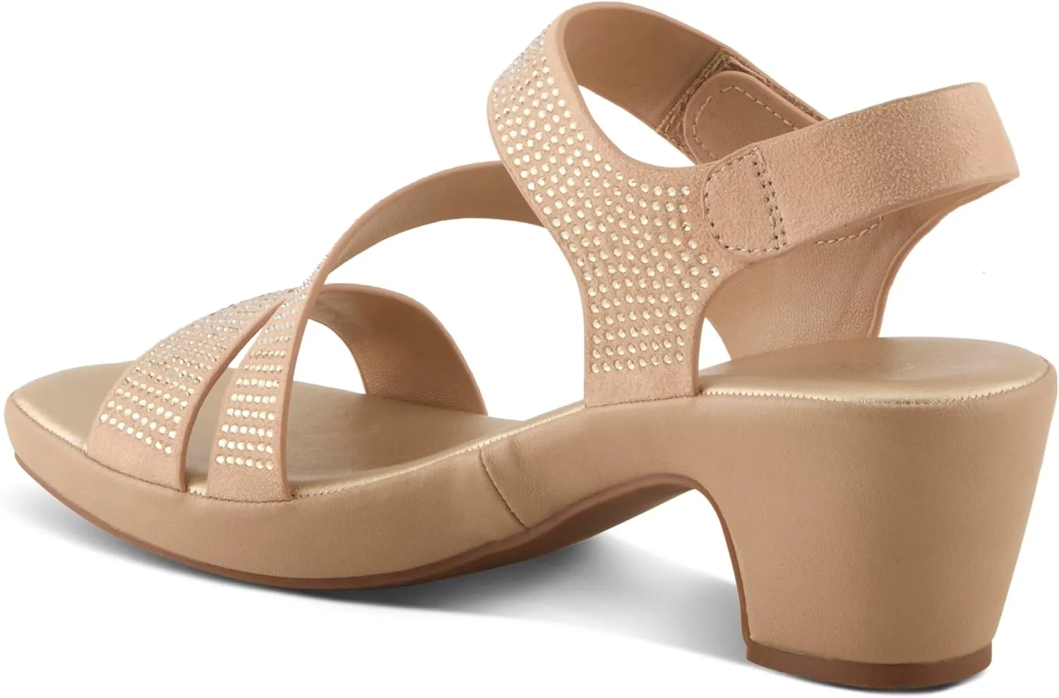 PATRIZIA Women's YADIEL Hook and Loop Sandals – Low Block Heel with Asymmetrical Crystal-Strap Design