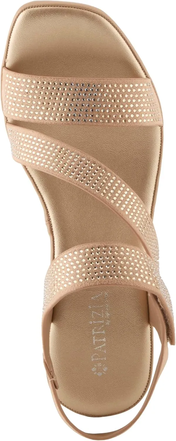PATRIZIA Women's YADIEL Hook and Loop Sandals – Low Block Heel with Asymmetrical Crystal-Strap Design