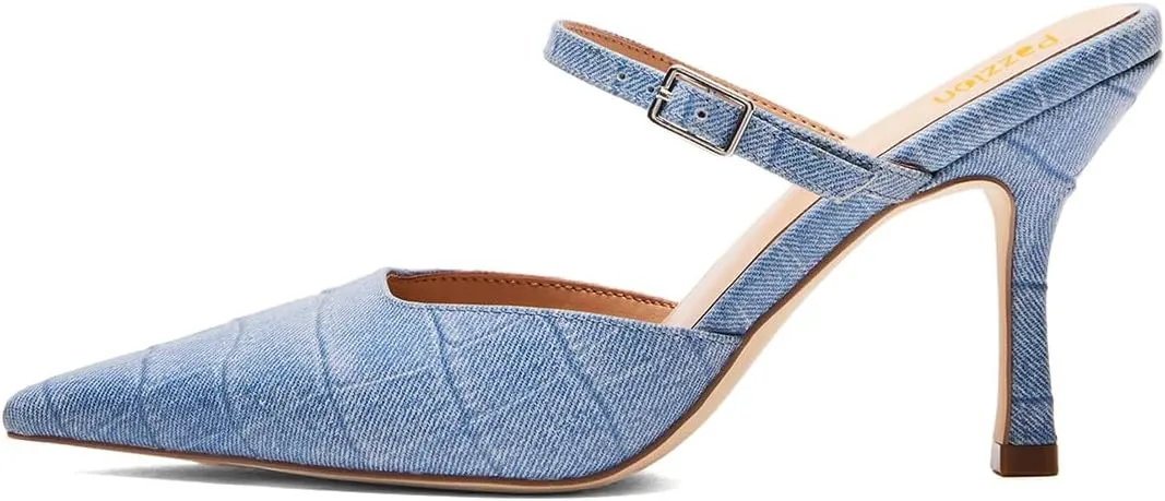 Pazzion Women Closed Pointy Toe Mules Crocodile Print Strap Buckle High Thin Heel Sandals Backless Slip On Shoes for Daily Shopping Dress Size 4-16 US