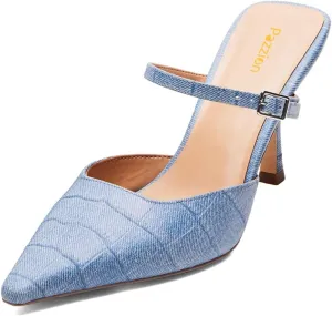 Pazzion Women Closed Pointy Toe Mules Crocodile Print Strap Buckle High Thin Heel Sandals Backless Slip On Shoes for Daily Shopping Dress Size 4-16 US