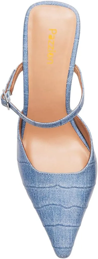 Pazzion Women Closed Pointy Toe Mules Crocodile Print Strap Buckle High Thin Heel Sandals Backless Slip On Shoes for Daily Shopping Dress Size 4-16 US