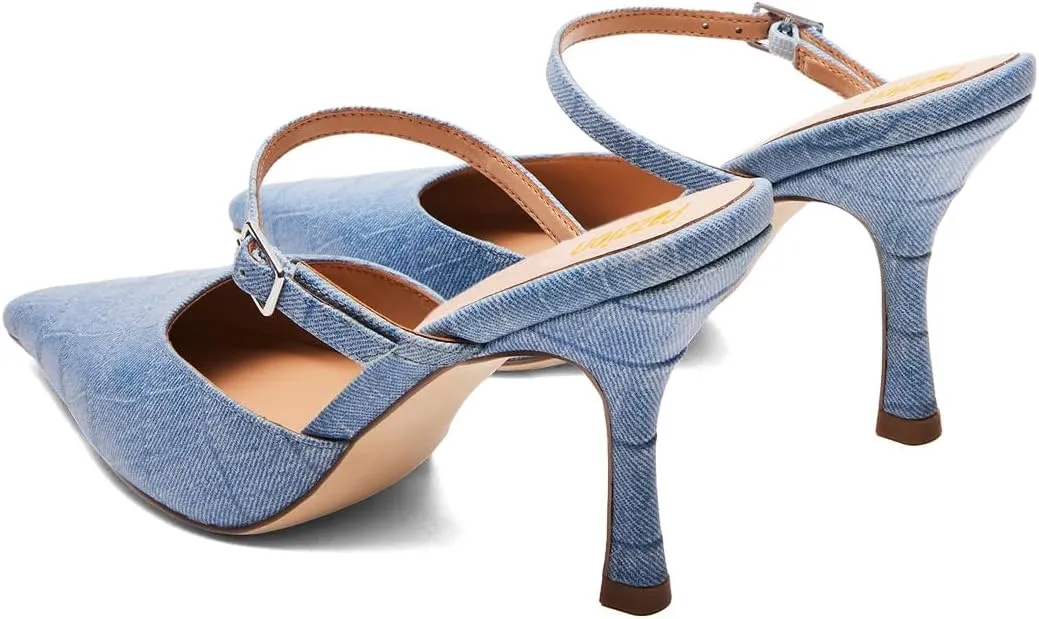 Pazzion Women Closed Pointy Toe Mules Crocodile Print Strap Buckle High Thin Heel Sandals Backless Slip On Shoes for Daily Shopping Dress Size 4-16 US