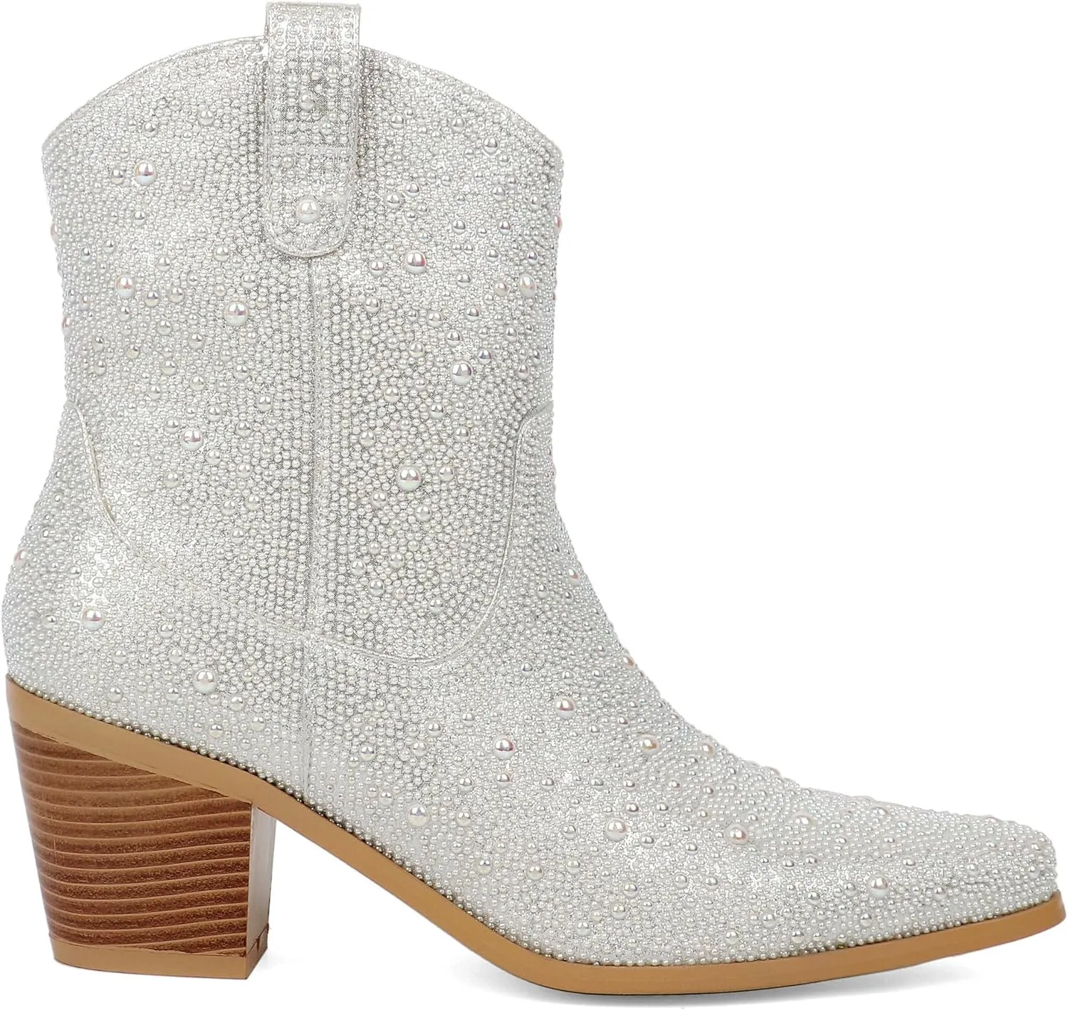 Pearl Wedding Cowgirl Boots Womens Sparkly Rhinestone Cowboy Ankle Boots Chunky Stacked Heel Western Booties