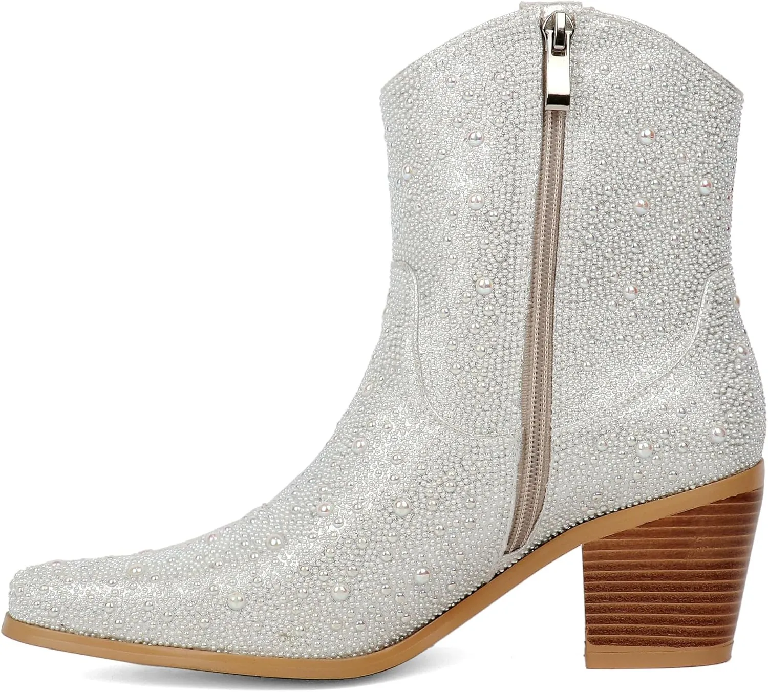 Pearl Wedding Cowgirl Boots Womens Sparkly Rhinestone Cowboy Ankle Boots Chunky Stacked Heel Western Booties