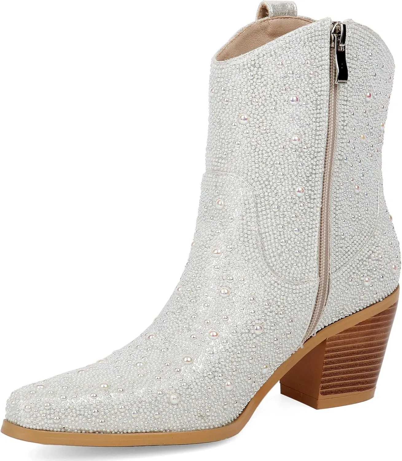 Pearl Wedding Cowgirl Boots Womens Sparkly Rhinestone Cowboy Ankle Boots Chunky Stacked Heel Western Booties