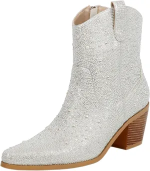 Pearl Wedding Cowgirl Boots Womens Sparkly Rhinestone Cowboy Ankle Boots Chunky Stacked Heel Western Booties