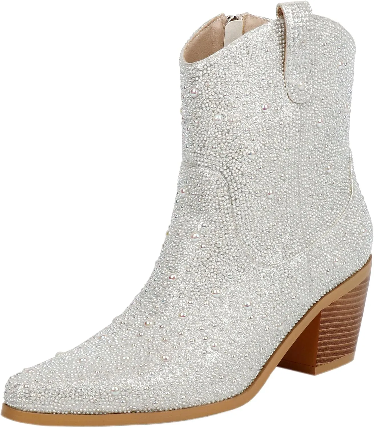 Pearl Wedding Cowgirl Boots Womens Sparkly Rhinestone Cowboy Ankle Boots Chunky Stacked Heel Western Booties