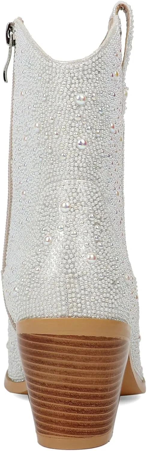 Pearl Wedding Cowgirl Boots Womens Sparkly Rhinestone Cowboy Ankle Boots Chunky Stacked Heel Western Booties