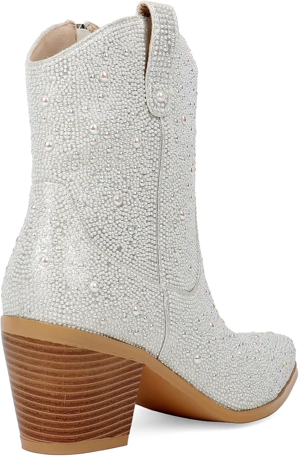 Pearl Wedding Cowgirl Boots Womens Sparkly Rhinestone Cowboy Ankle Boots Chunky Stacked Heel Western Booties