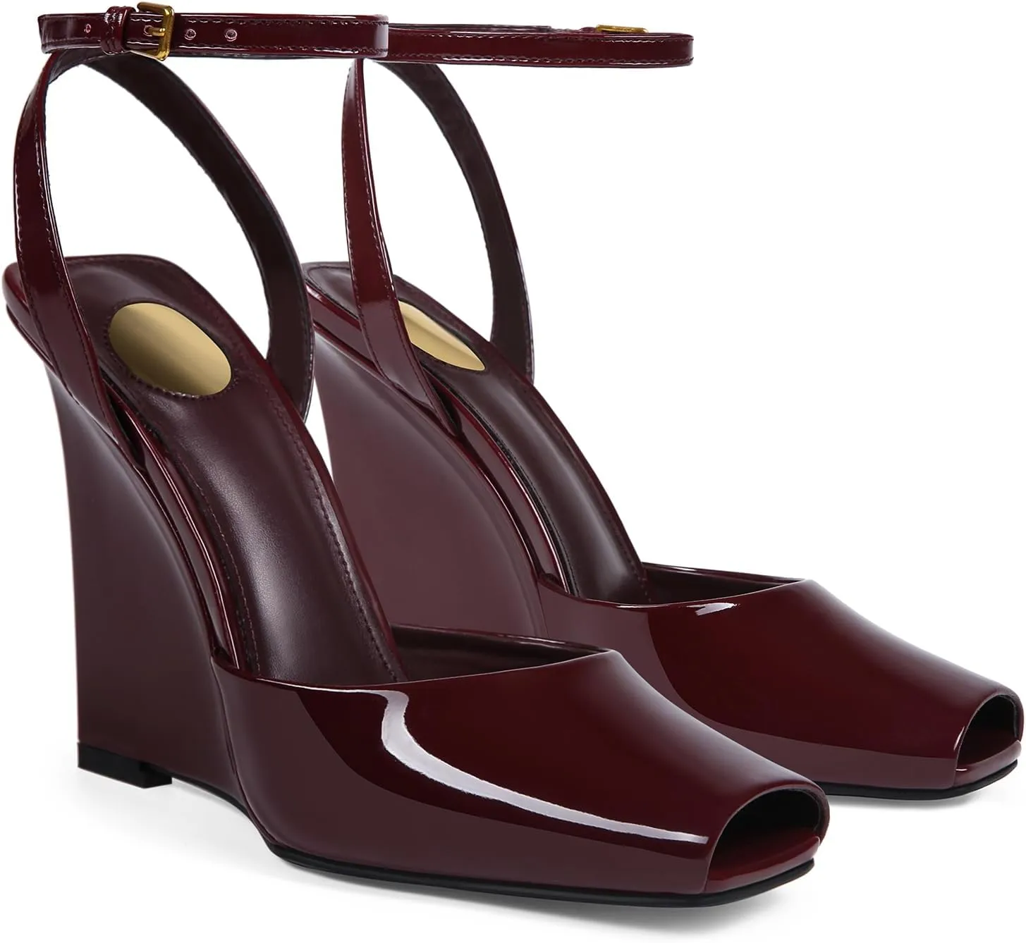 Peep Toe Wedges Sandals for Women Square Open Toe Buckle Ankle Strap Wedge Heels Patent Leather Slip-on Slingback Pumps Sexy Dressy Summer Shoes