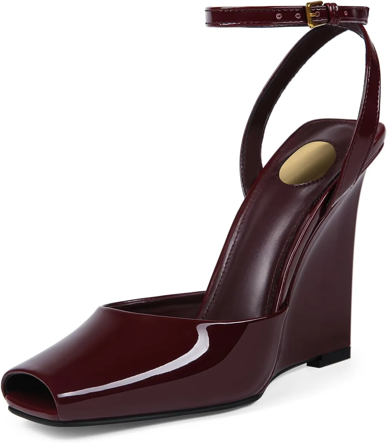 Peep Toe Wedges Sandals for Women Square Open Toe Buckle Ankle Strap Wedge Heels Patent Leather Slip-on Slingback Pumps Sexy Dressy Summer Shoes