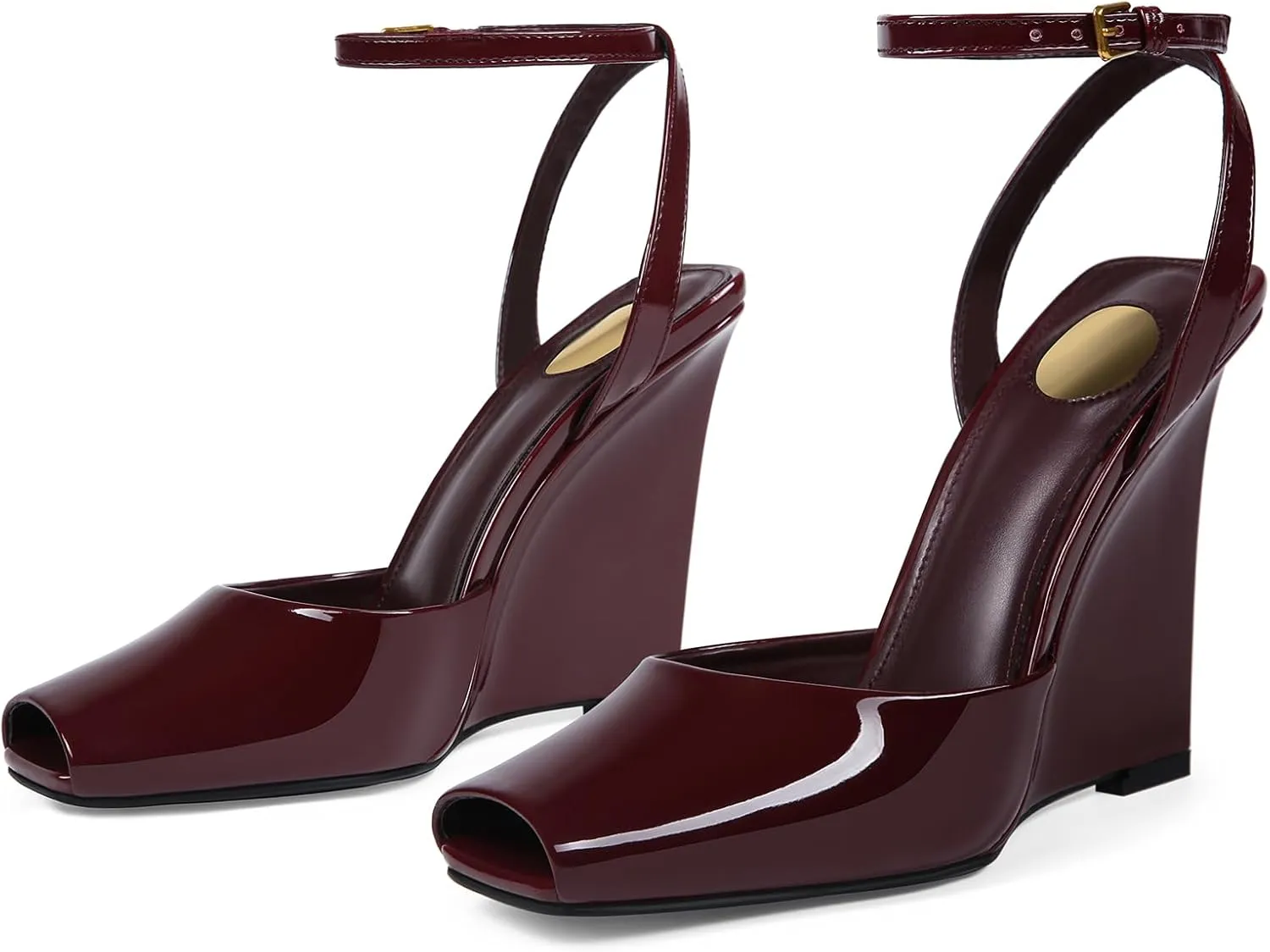 Peep Toe Wedges Sandals for Women Square Open Toe Buckle Ankle Strap Wedge Heels Patent Leather Slip-on Slingback Pumps Sexy Dressy Summer Shoes