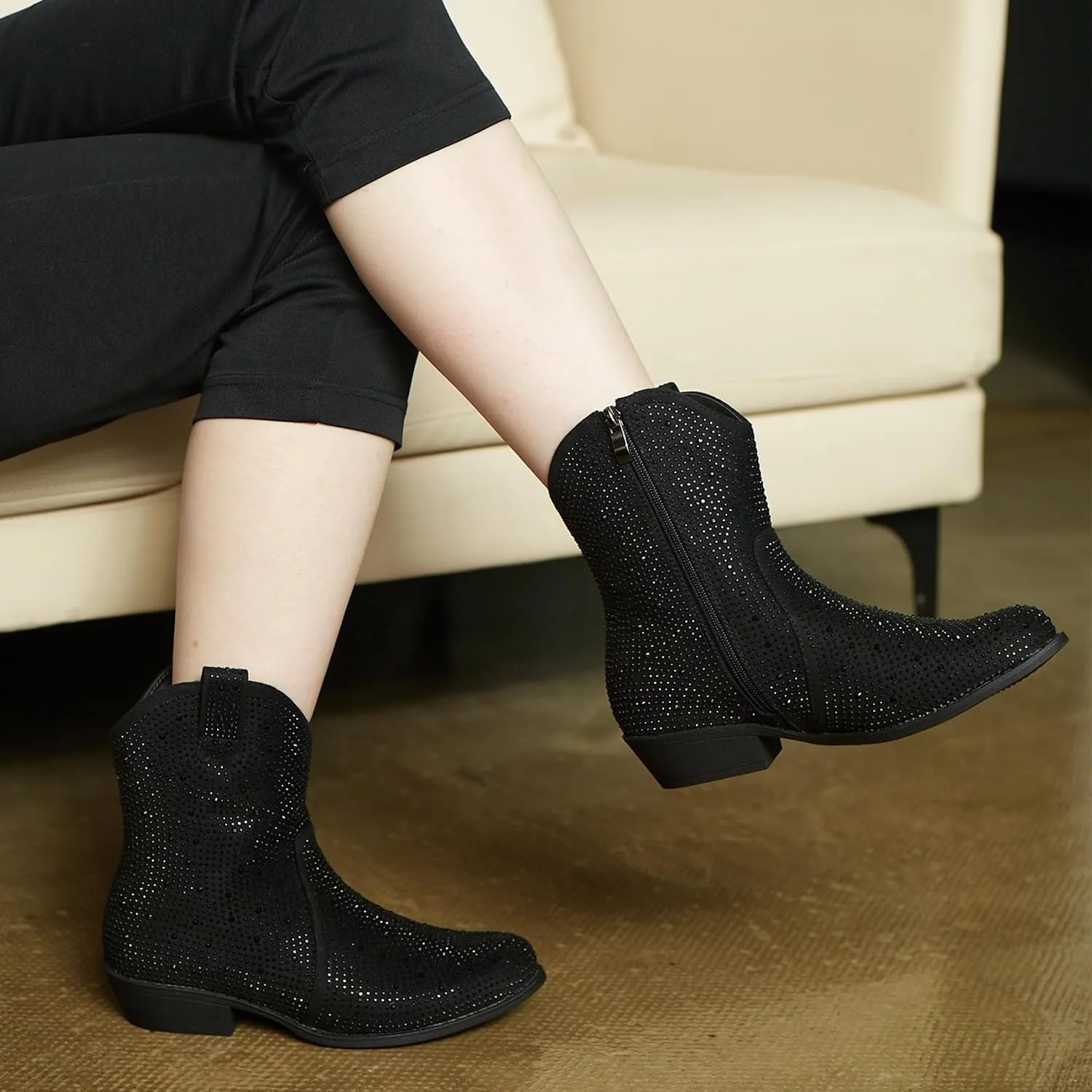PEPPEP Western Cowgirl Cowboy Ankle Boots for Women or Ladies, Mid Calf, Vegan Leather Embroidered Upper, Low Heel, Fashionable Pointed-toe, Well Made