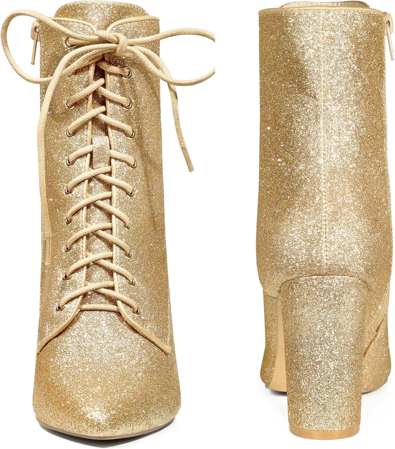 Perphy Glitter Sequin Boot Lace Up Pointed Toe Block Heel Glitter Ankle Boots for Women