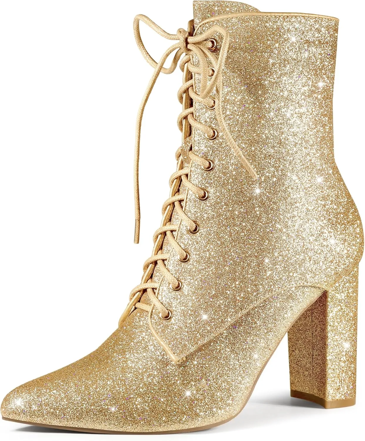 Perphy Glitter Sequin Boot Lace Up Pointed Toe Block Heel Glitter Ankle Boots for Women